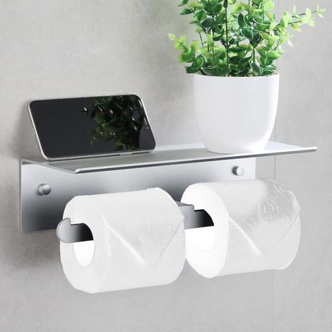 Wandmontierter Toilettenpapierhalter Aus Aluminium, Hygienischer Rollenhalter Mit Ablagefläche, Kein Bohren Erforderlich, Mit Kantenschutz Und Absturzsicherung Für Bad/wc, Silber
