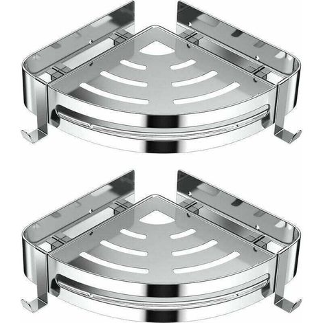 Eckregal, Badezimmerregal Ohne Bohren, Edelstahl 304, Küchenaufbewahrungskorb, Organizer Mit 4 Haken, Shampoo-halter - 2er-set (