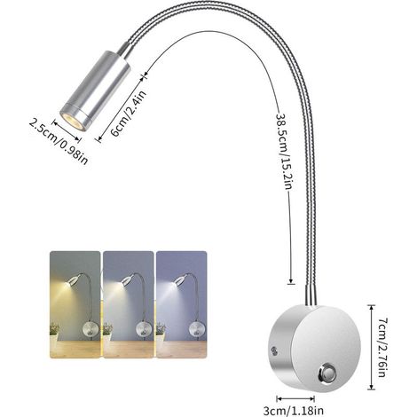 Flexible 3-w-wandleselampe – Verstellbarer Zylindrischer Kopf, Minimalistisches Silbernes Design Für Nachttisch, Schlafzimmer, Hotel Oder Modernes Interieur