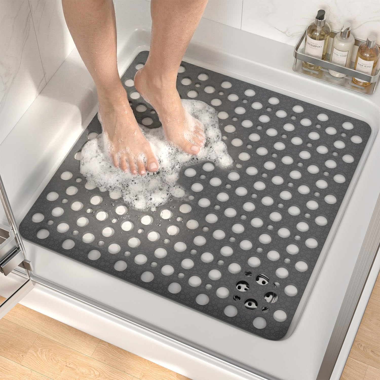Quadratische, Rutschfeste Duschmatte, 53 X 53 Cm, Badematte Für Badezimmer Mit Saugnäpfen Und Abflusslöchern, Maschinenwaschbar, Fußfreundlich, Grau