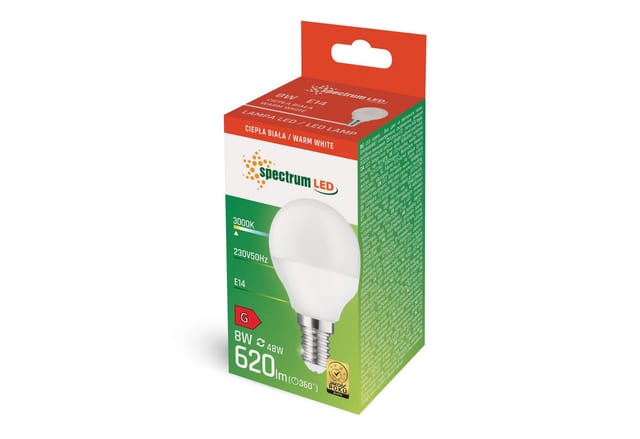 Spectrum LED-Leuchtmittel LED E14 G45 Tropfenform 8W = 48W 160° Birne 620lm 230V Warmweiß 3000K, E14, Warmweiß