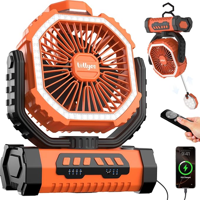 Outdoor-campingventilator Mit Licht, 20000mah Akku, Wiederaufladbarer Tragbarer Ventilator Mit Fernbedienung Und 360° Drehbarem Haken, 4 Geschwindigkeitsstufen Für Unterwegs (orange)