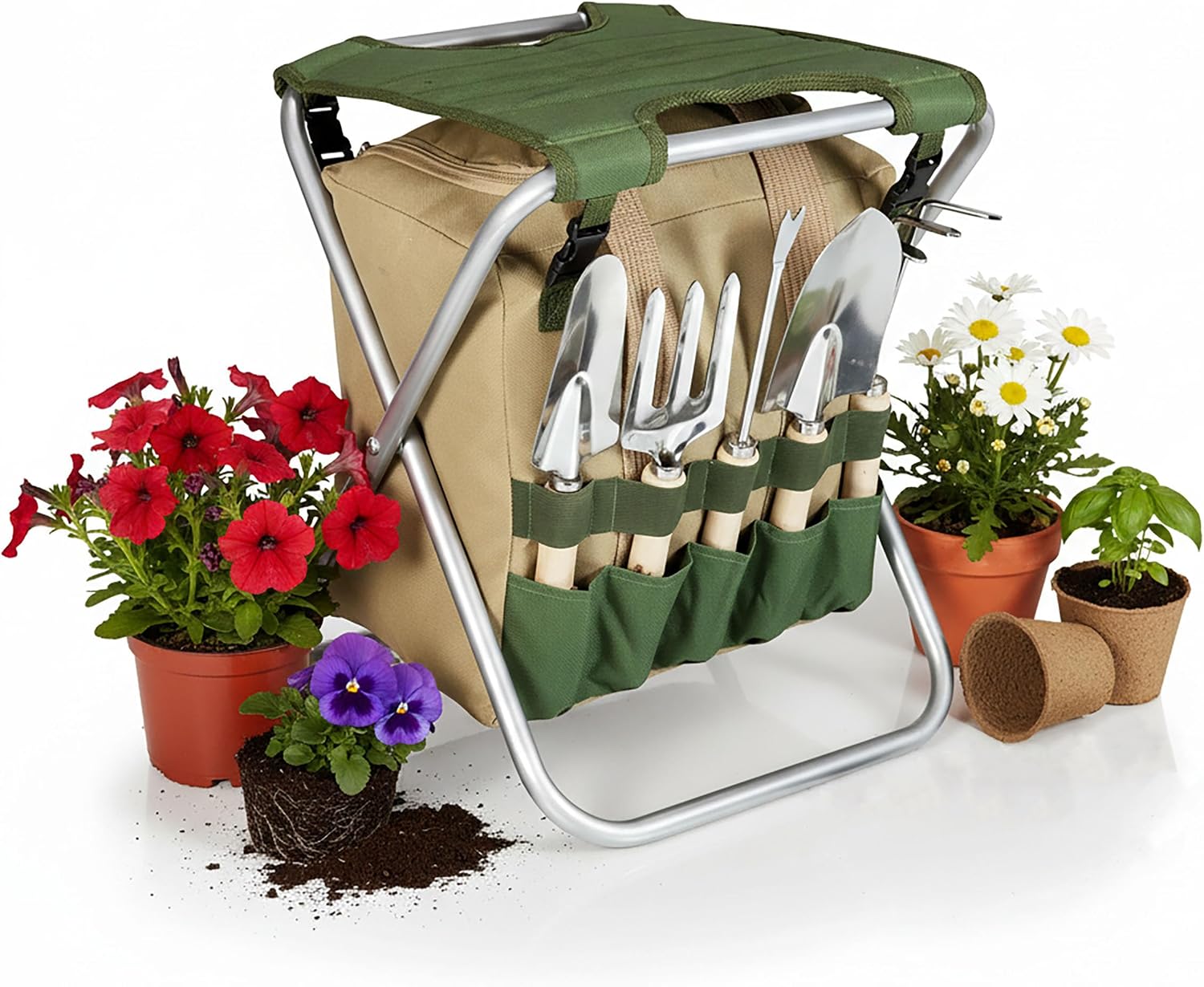 Ein Klappbarer Gartenhocker Der Marke Picnic Time Mit Werkzeugen, Gartenhocker Mit Abnehmbarer Aufbewahrungstasche, Tragbarer Stuhl Mit Gartenwerkzeugset