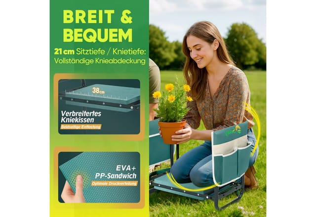 Sekey Kniebank Höhenverstellbare Kniebank Garten bis 180kg Gartenhocker Gartenarbeit, Kniekissen 36 x 20,5 cm mit Werkzeugtaschen, Handschuhen mit Krallen