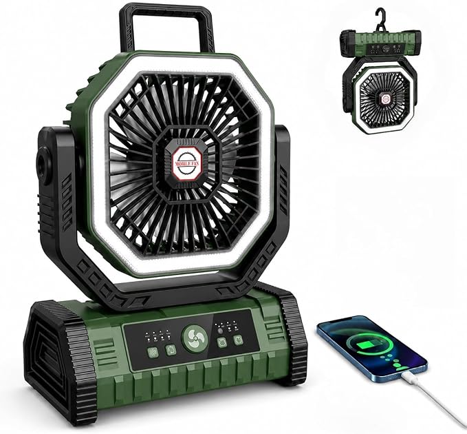 Vxoyo 20000 Mah Campingventilator Mit Led-licht, 4 Geschwindigkeitsstufen, Fernbedienung Und Haken, 8-stunden-timer, Automatischem Oszillationsmodus, Tischventilator Mit Licht Für Den Außenbereich