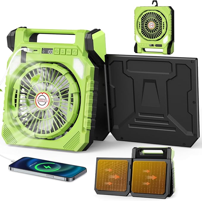 Campingventilator, Solarventilator Mit 20000-mah-akku, 2 Solarpanels, Led-licht, Taschenlampe, Schüttelkopf, Digitalanzeige Und Timer Für Angeln, Wandern Und Reisen