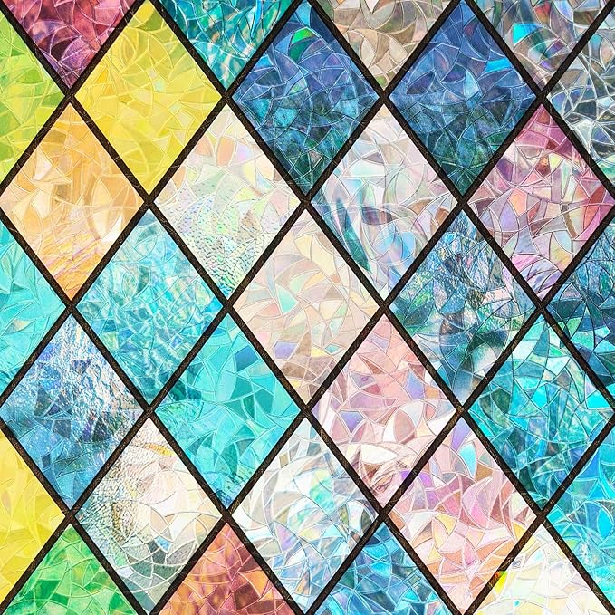 Selbstklebende Fensterfolie – Statisch Haftende Folie – Blickdicht – Mehrfarbig – Sichtschutzfolie – Für Badezimmer, Haustür, Wohnbereich, Sonnenschutz, Hitzeschutz, Rautenmuster