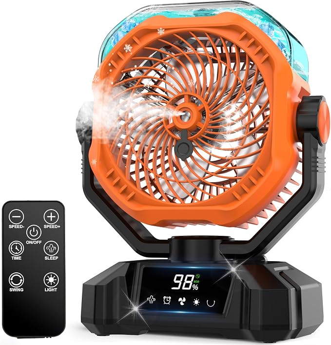 Multper 20000mah Tragbarer Nebelventilator, Wiederaufladbarer Ventilator Mit 360ml Wassertank, Led-licht, Fernbedienung, 5 Geschwindigkeitsstufen, Leiser Usb-ventilator Für Camping, Büro Und Zuhause