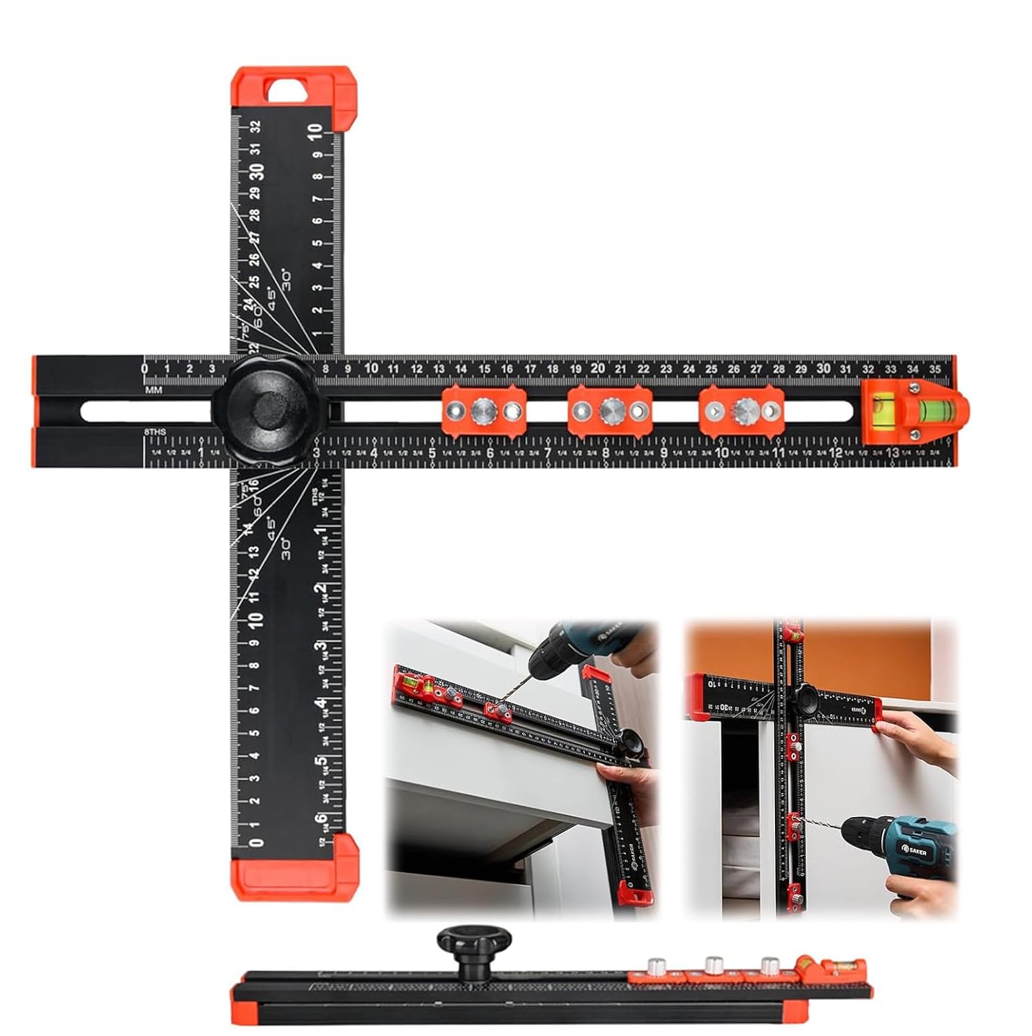 4-in-1-aluminium-bohrpositionierlineal 400 Mm Mit Doppelter Wasserwaage, Verstellbarer Länge Und Winkel Für Regale, Möbel Und Holzbearbeitung