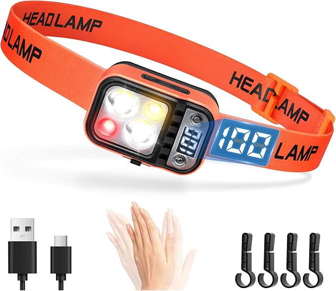 Darkbeam Ultra Leistungsstarke, Wiederaufladbare Led-stirnlampe, Stirnlampe Mit Zwei Leuchten, Bewegungssensor, Digitalanzeige, Rotem Warnlicht, Wasserdicht Für Camping, Joggen Und Arbeit