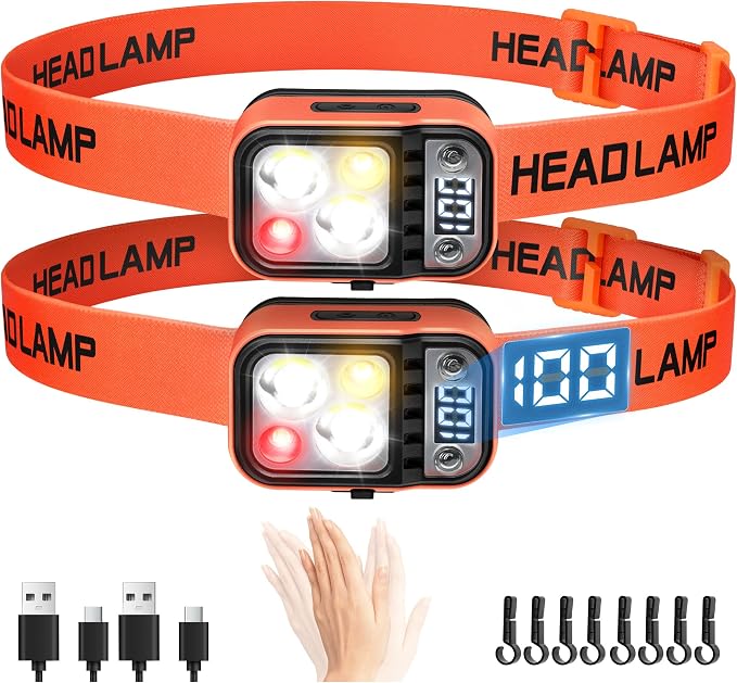 Darkbeam Ultra-leistungsstarke, Wiederaufladbare Led-stirnlampe, Doppellicht-stirnlampe Mit Bewegungssensor, Digitalanzeige, Rotem Warnlicht, Wasserdicht Für Camping Und Joggen, 2er-pack