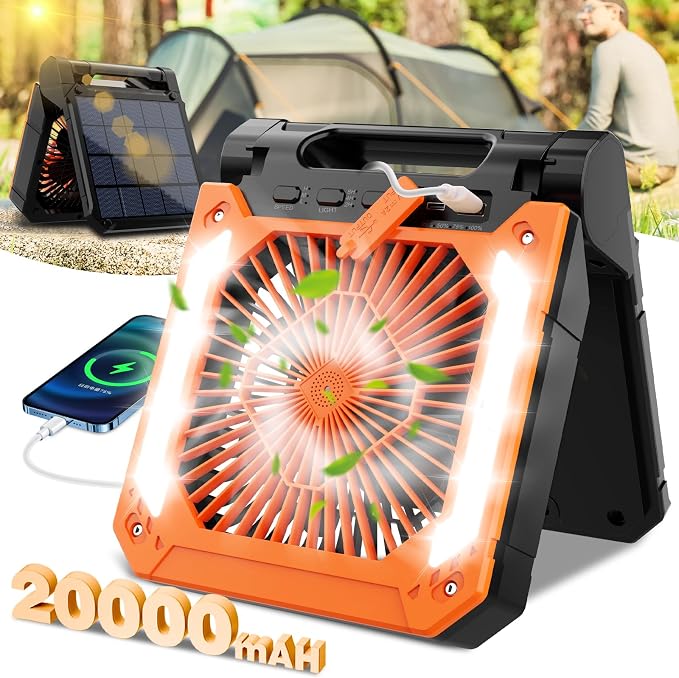 Campingventilator Mit 20.000 Mah, Solar-tischventilator Mit Led-laterne, Wiederaufladbarem Akku, 3 Geschwindigkeitsstufen, 2-8 Stunden Timer, Leise, Usb-anschluss Für Zelt, Outdoor-aktivitäten Und Rei
