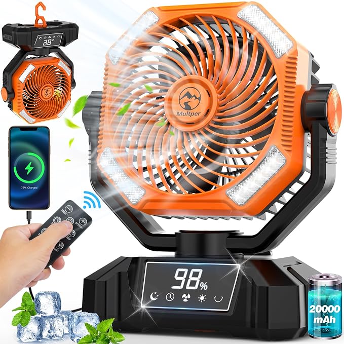 Multper 20000mah Campingventilator, 5-stufiger, Wiederaufladbarer Tragbarer Ventilator, Leiser Usb-ventilator Mit Led-licht, Fernbedienung Und Haken, Tischventilator Für Zuhause Und Camping