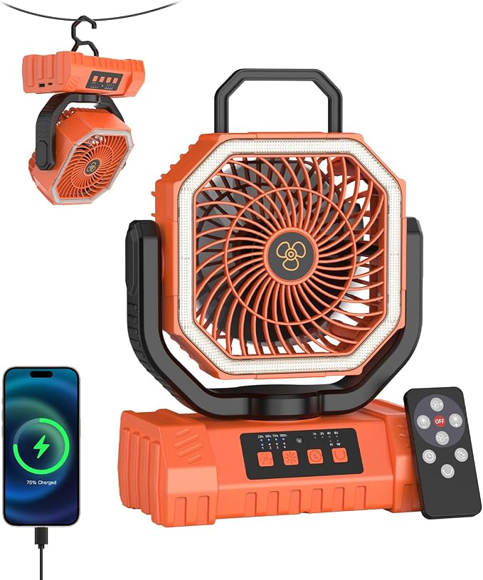 Tragbarer Campingventilator 20000mah, Mini-usb-c-ventilator Mit 4 Geschwindigkeitsstufen, 1-8-stunden-timer, 2 Drehwinkel (45°/90°), 3-stufige Led-beleuchtung (orange)