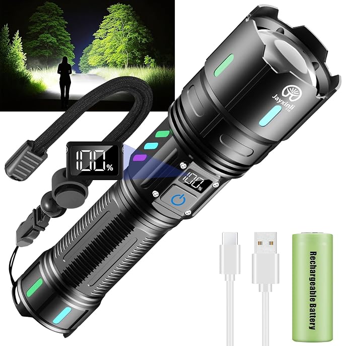 Jayxinli Ultra-led-taschenlampe Mit 1.000.000 Lumen – 5000-mah-akku Mit Lcd-display, 5 Leuchtmodi, Zoomfunktion, Ip67 Wasserdicht – Leistungsstarke Taschenlampe Für Camping Und Wandern