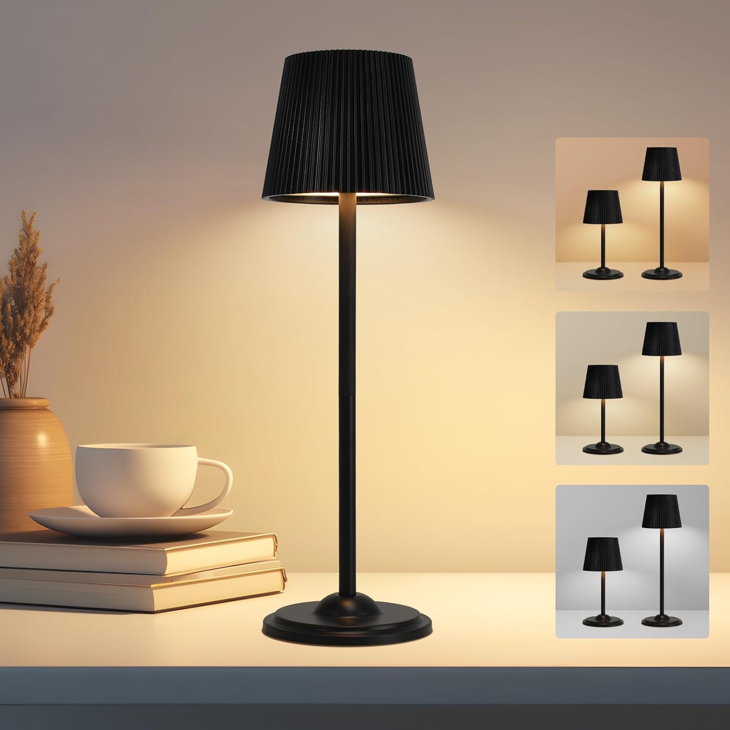 Schwarze Kabellose Led-tischlampe, Per Touch Dimmbar Mit 3 Farbtemperaturen, Usb-c-aufladbar, Wellenförmiges Design, Abnehmbar Und Tragbar Fürs Schlafzimmer
