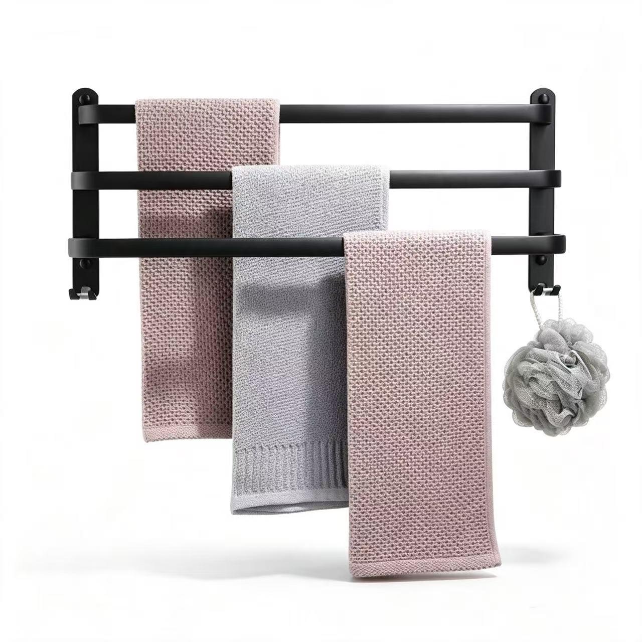 Schwarzer, Wandmontierter Handtuchhalter Aus Aluminium - Mit 3 Ablagen - 60 Cm Wasserdicht - Haken Inklusive - Kann An Der Wand Oder Mit Klebstoff Befestigt Werden.