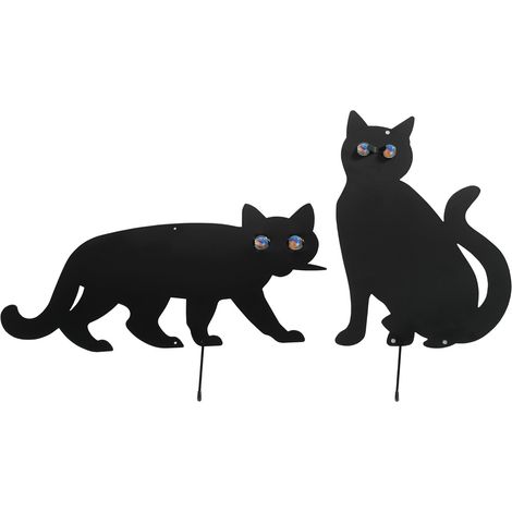 Set Aus Zwei Katzenförmigen Vogelscheuchen Zur Abwehr Von Vögeln – Schwarz, 37x24 Cm – Lackiertes Metall – Glasaugen – Um Unerwünschte Besucher Fernzuhalten.