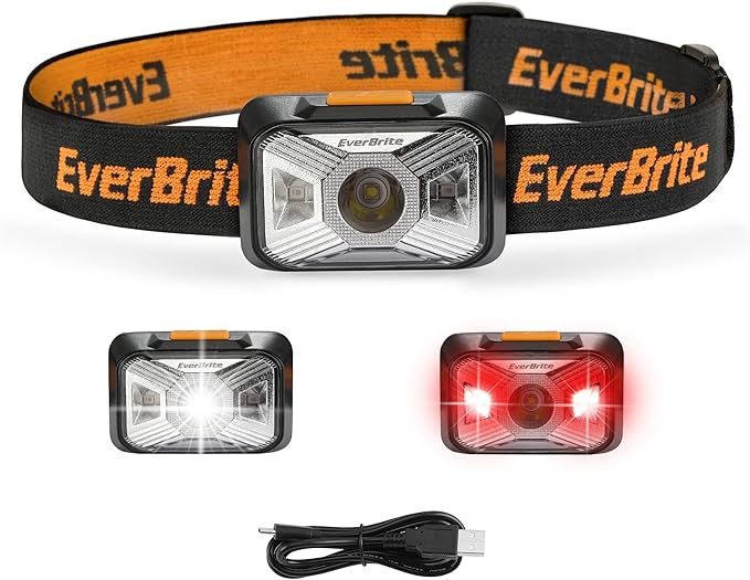 Everbrite Usb-wiederaufladbare Stirnlampe Mit Weißem Und Rotem Licht, 4 Einstellbaren Leuchtmodi, 200 Lumen, Wiederaufladbare Led-stirnlampe Zum Angeln, Campen, Lesen Und Wandern