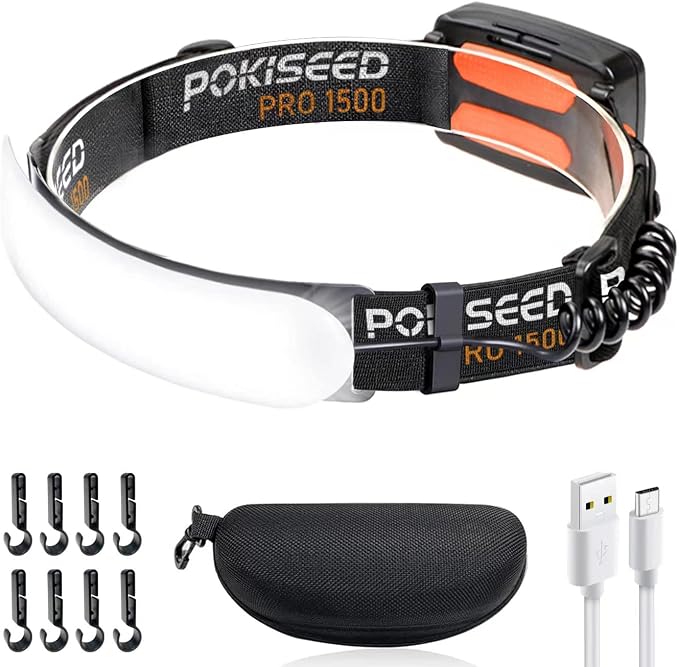 Pokiseed Ultra-leistungsstarke Led-stirnlampe (1500 Lm), Usb-c-aufladbar, 5000 Mah Akku, 230° Breiter Abstrahlwinkel, 3 Leuchtmodi, Ipx6 Wasserdicht, Helmbefestigung – Ideal Zum Laufen, Campen, Angeln