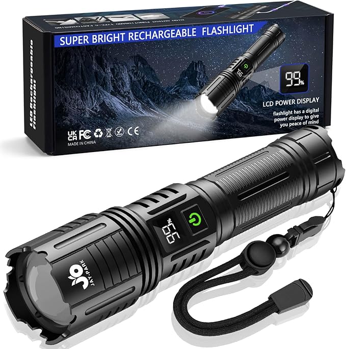 Ultrahelle Led-taschenlampe Mit 1.000.000 Lumen, Wiederaufladbar Mit 5000-mah-akku, Leistungsstarke Taschenlampe Mit Einer Reichweite Von 1600 Metern, 5 Leuchtmodi, Zoomfunktion, Wasserdicht Nach Ip67
