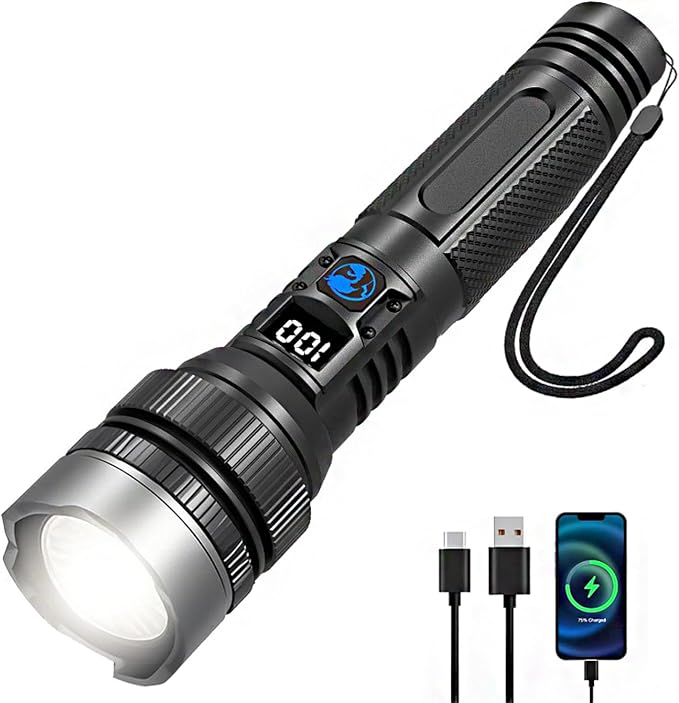 Wiederaufladbare Led-taschenlampe, Extrem Leistungsstarke Led-taschenlampe, Wasserdicht, 3 Leuchtmodi, Zoombar Mit Lcd-leistungsanzeige, Ideal Für Camping, Wandern Und Notfälle