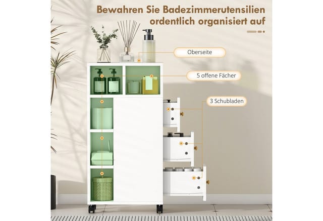 HOMCOM Badkommode mit 4 Rollen, 3 Schubladen, 5 offenen Fächern (Badezimmerschrank Schmal, 1 St., Badschrank), für Kleine Räume, 20 x 40 x 80 cm, Weiß
