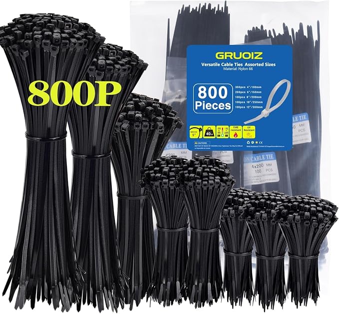 800 Stück Rilsan-kabelbinder, Gruoiz Kunststoff-kabelbinder 3,6 Mm (100/150/200/250/300 Mm) Schwarze Nylon-rilsan-kabelbinder, Kunststoff-rilsan-kabelbinder