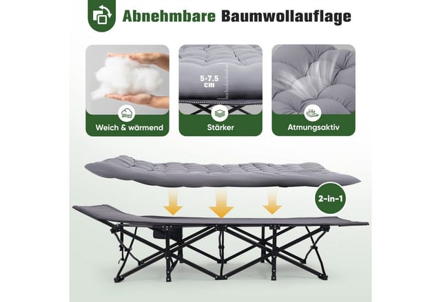 Sekey Feldbett Campingbett klappbar Campingliege Angelliege Klappbett bis 200 kg 190 x 71 x 35 cm Klappbett mit dicker Matratze, für Strand Outdoor