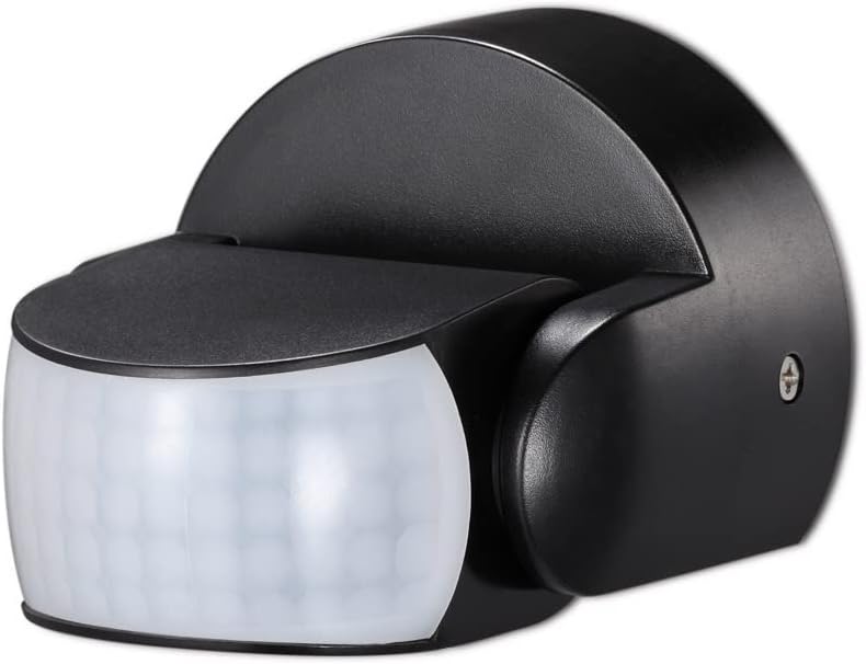 Ip65-infrarot-bewegungsmelder Für Den Außenbereich – Schwarzer Wand-präsenzsensor – 180°-erfassungswinkel – Reichweite 12 M – Einstellbare Zeitschaltuhr Und Helligkeit – Wasserdicht