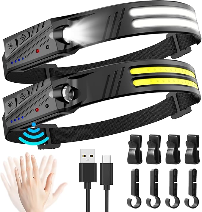 Extrem Leistungsstarke Led-stirnlampe, 2 Stück, 2000 Lumen, Superhelle 2-led-taschenlampe Mit 230° Abstrahlwinkel, 1500 Mah Akku, Wiederaufladbar, Mit Bewegungssensor, Ipx5 Wasserdicht, 63 G Leicht, I
