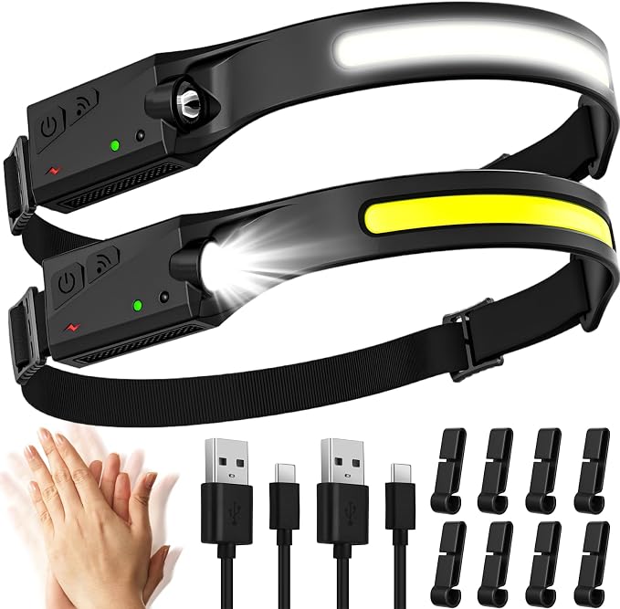2er-pack Ultrahelle Led-stirnlampe, 2000 Lumen, 5 Modi, Wiederaufladbar, Usb-bewegungssensor, Wasserdicht (ipx4), Für Camping, Angeln, Joggen Und Radfahren