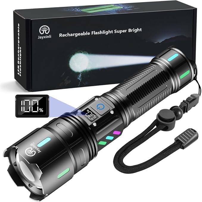 Jayxinli Ultra-leistungsstarke Led-taschenlampe Mit 1.000.000 Lumen – Wiederaufladbar Mit 5000-mah-akku, Lcd-leistungsanzeige, 5 Modi, Zoomfunktion, Ip67 Wasserdicht Für Camping Und Outdoor-abenteuer