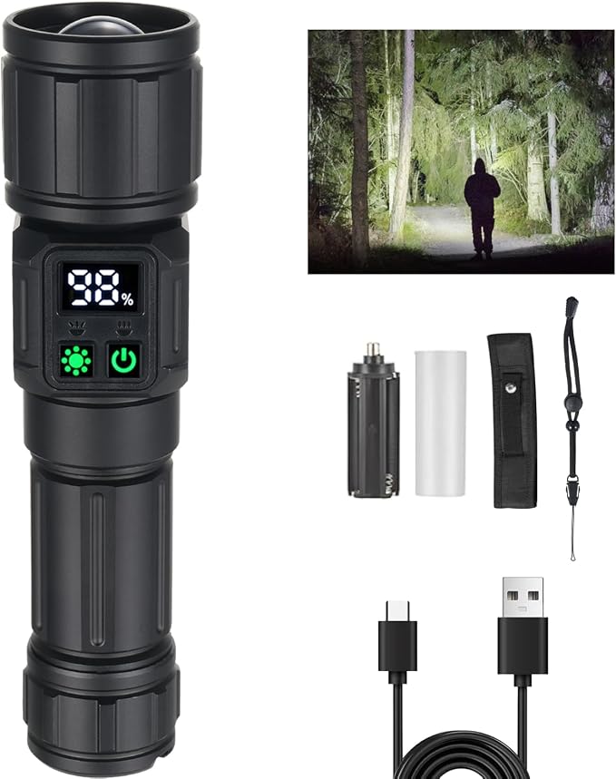 Tom-shine Ultra-starke Led-taschenlampe Mit Zoom – Usb-c-wiederaufladbar, 5000 Mah, 9 Modi + Seitenlicht & Akkuanzeige, Ipx4 Regendicht Für Jagd, Camping, Notfälle