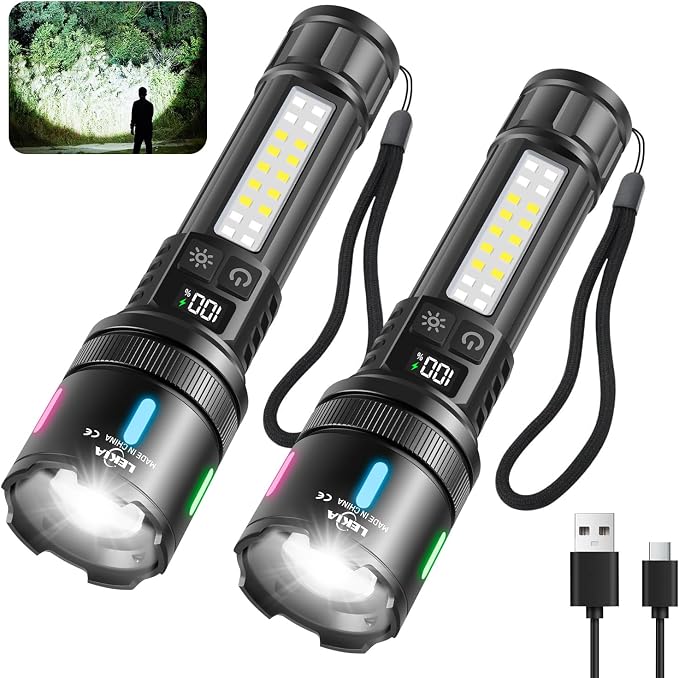 Lekia Ultra-starke Taschenlampen (100.000 Lumen), Wiederaufladbar Per Usb-c Mit 7 Leuchtmodi, 3000-mah-akku (bis Zu 10 Stunden Leuchtdauer), Ideal Für Camping Und Wandern, 2er-pack