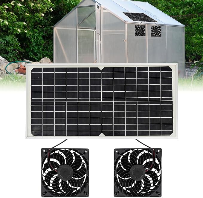 Solarbetriebener Gewächshausventilator – 16 W – Mit Zwei Gleichstromlüftern – Solarventilator – Für Kleine Hühnerställe, Gewächshäuser Und Abluftfenster