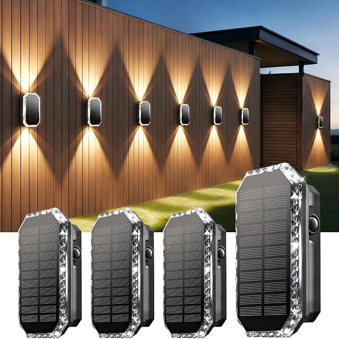 Solar-wandleuchten Für Den Außenbereich, 4er-set Mit Nach Oben Und Unten Gerichteten Solar-wandleuchten, 3 Leuchtmodi, Ip65 Wasserdicht, Für Garten, Zaun Und Terrasse