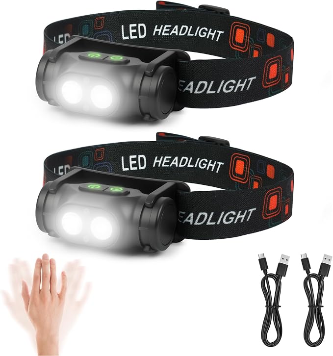 Hotut 2er-pack Usb-c-wiederaufladbare Stirnlampe, Ultrahelle Led Mit Bewegungssensor, Wasserdicht (ipx4), Magnetischer Sockel, Leicht – Ideal Zum Wandern, Laufen, Radfahren Und Campen