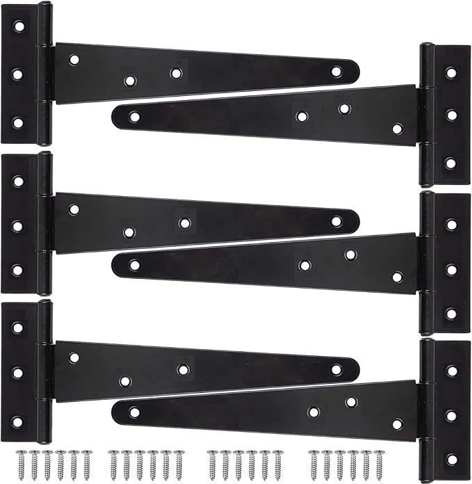 Kaheign 6 Stück T-förmiges Scharnier Für Gartenhäuser, 25 Cm Robustes T-scharnier Aus Metall Für Gartentore, Rostfreie T-riemen-scharniere Für Gartenhaustüren Und Scheunentore (schwarz)