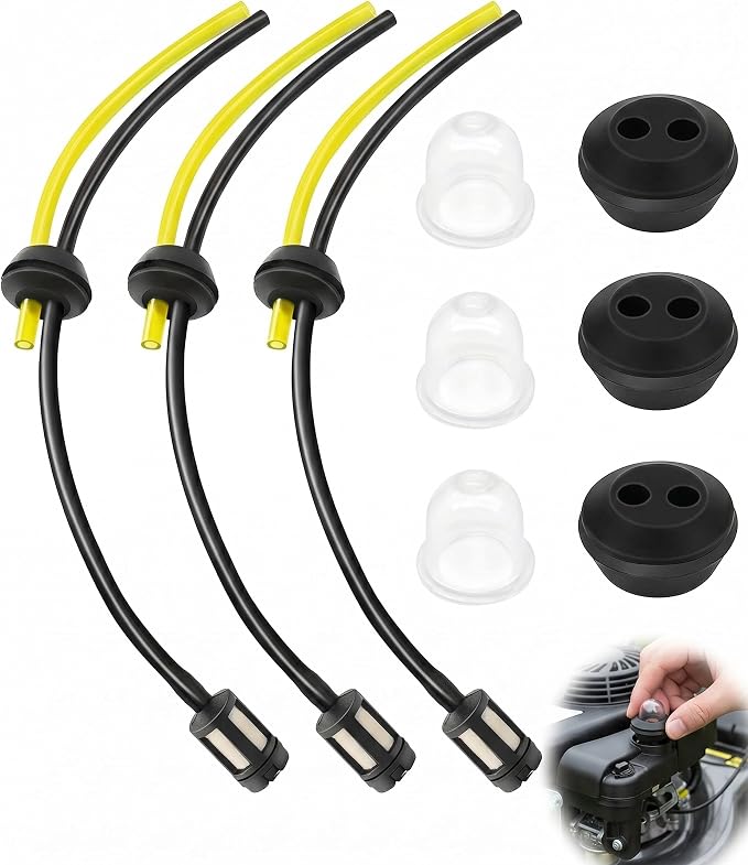 9-teiliges Universal-kraftstoffschlauchset Für Rasenmäher Und Freischneider. (3 Schläuche, 3 Primerpumpen, 3 Tankdichtungen) Repariert Lecks, Erleichtert Das Starten Und Erhält Die Leistung.