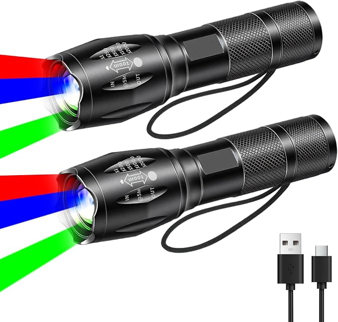 2er-pack Wiederaufladbare 4-in-1-taschenlampen, 4 Lichtfunktionen (weiß/rot/grün/blau), Einstellbarer Fokus, Wasserdicht, Taktische Taschenlampe Für Wandern, Jagen Und Militärische Zwecke