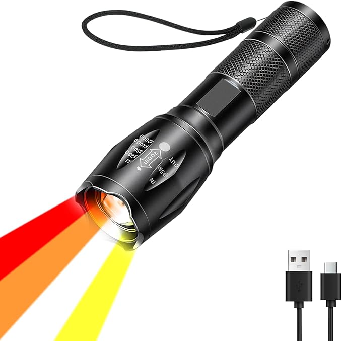 Wiederaufladbare 4-in-1-taschenlampe, 4 Lichtfunktionen (weiß/rot/gelb/orange), Einstellbarer Fokus, Wasserdicht, Taktische Taschenlampe Für Wandern, Jagen Und Militärische Zwecke