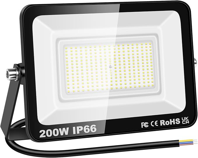 Rigidon 1x 200w Led-außenstrahler, 20000 Lm Außenleuchte, Ip66 Wasserdichte Sicherheitsleuchte Für Terrasse, Garage, Garten, Baustelle, 6000k Kaltweiß