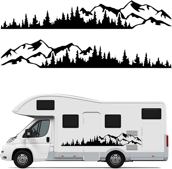 Paar 190 Cm Lange Auto-seitentüraufkleber Mit Bergmotiv, Baumwalddekor, Berggrafik, Vinyl (schwarz)