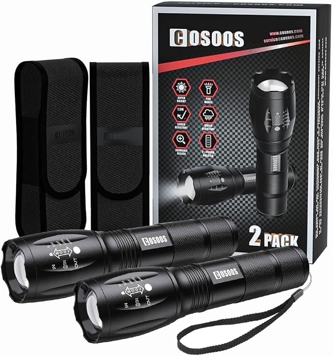 Cosoos 2er-pack Led-taschenlampe, Extrem Leistungsstarke Taschenlampe Mit Etui, Ipx4 Wasserdichte Taktische Taschenlampe, Aluminium In Militärqualität, Zoombar Mit 5 Modi Für Camping, Wandern Und Notf