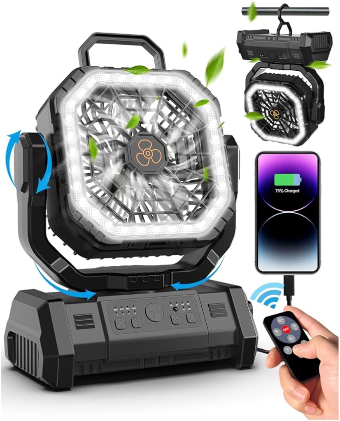 Campingventilator, [typ-c/20000mah] Spopal Wiederaufladbarer Ventilator Mit Licht, 270°-drehung, 1/2/4/8-stunden-timer, Leiser Tragbarer Ventilator Mit Fernbedienung, Für Camping, Angeln, Reisen, Stra