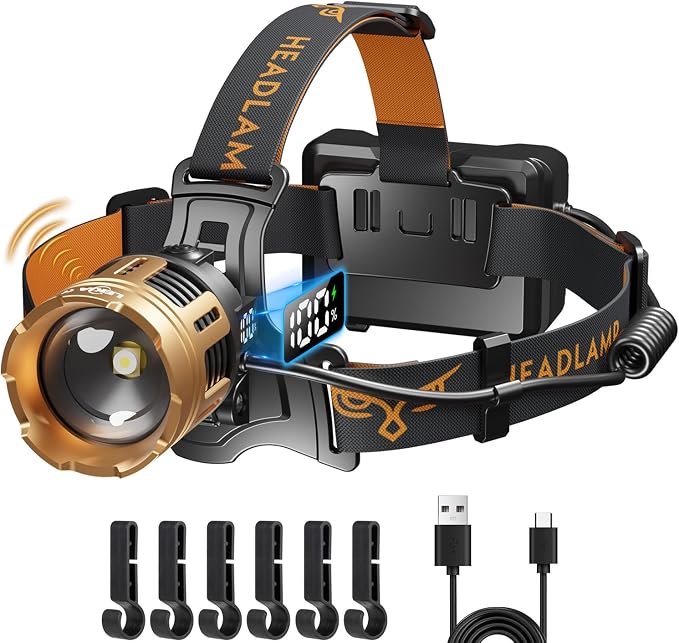 Lekia Ultra-starke Led-stirnlampe, Wiederaufladbare Camping-stirnlampe Mit 100.000 Lumen, Bewegungssensor, 7 Zoomstufen, 90° Verstellbarem Abstrahlwinkel, 9000-mah-akku, Wasserdicht