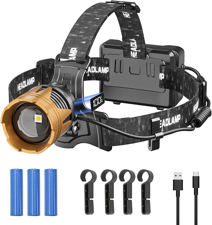 Wiederaufladbare Led-stirnlampe, 100.000 Lumen, Camping-stirnlampe, Wiederaufladbar, Mit Bewegungssensor, 7 Modi, Zoombar, 9000 Mah Akku, 90° Verstellbar