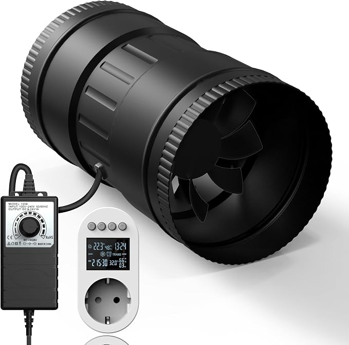 100-mm-luftabsauger, 221 M³/h-absaugventilator, Ec-motor Mit Netzstecker, Ausgestattet Mit Timer, Verzögerung Und Temperatur- Und Feuchtigkeitssensoren Für Hydrokultur Und Belüftung.