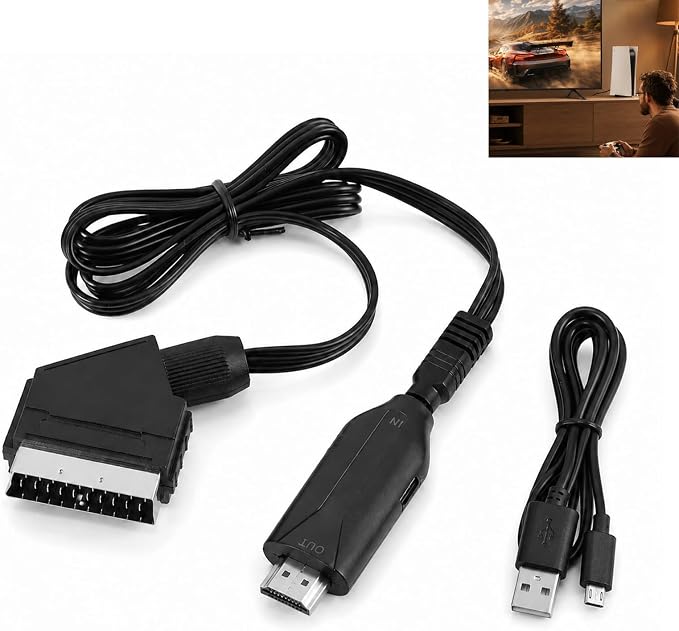 Scart-zu-hdmi-adapter, Scart-zu-hdmi-konverter (720p/1080p) Mit Kabel Und Usb-netzteil, Audio-video-konverter Für Fernseher, Dvd-player, Blu-ray-player, Set-top-box, Ps3 Und Xbox